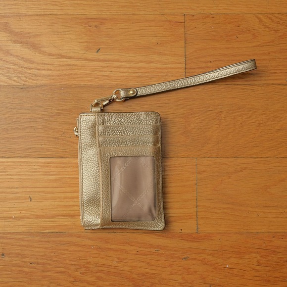 Michael Kors Metallic Gold Pebble Leather Wristlet Card Holder Wallet ID Window - Picture 2 of 5